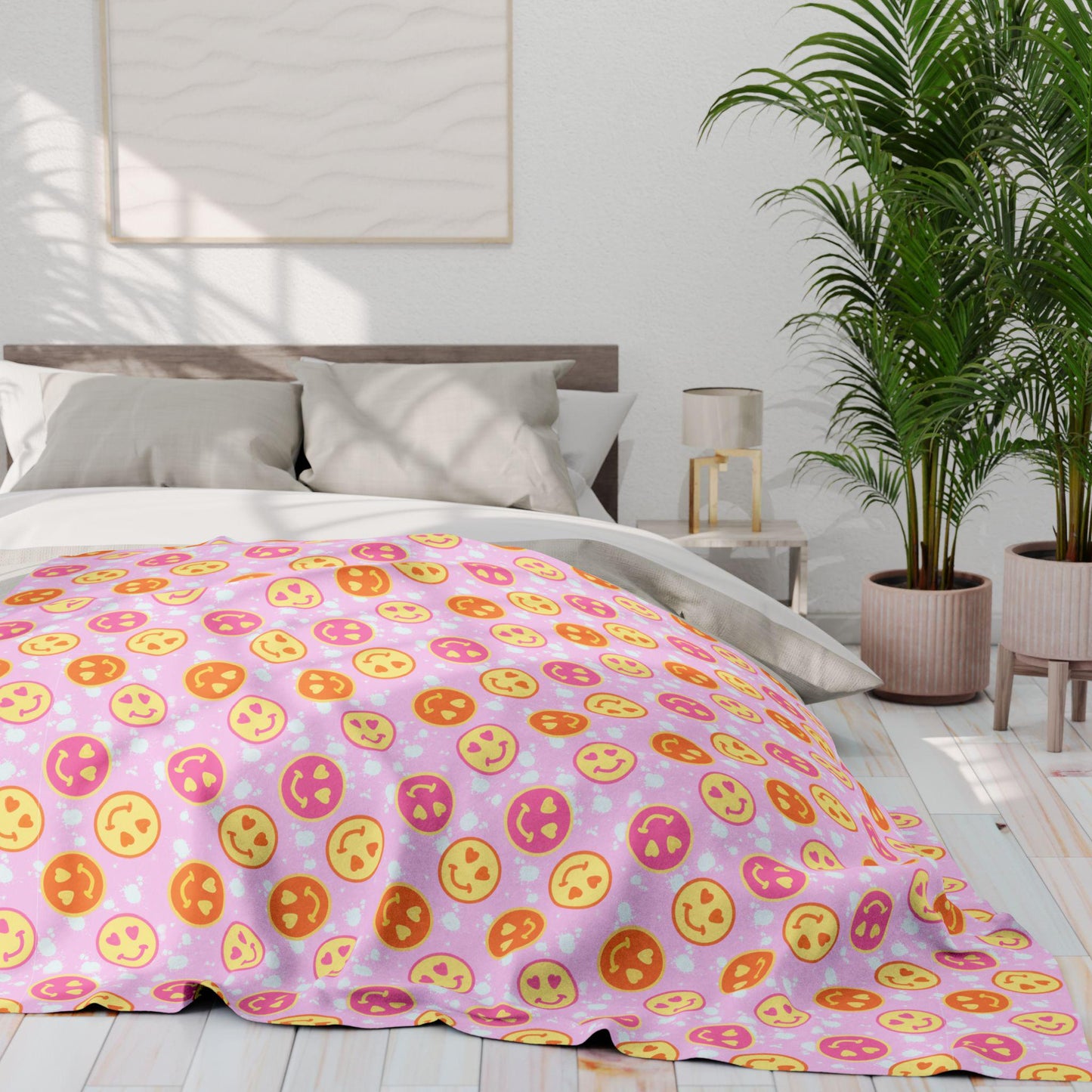 Smiley Faces Love Heart Eyes Pink Orange Yellow Printed Fleece Blanket Cozy Throw