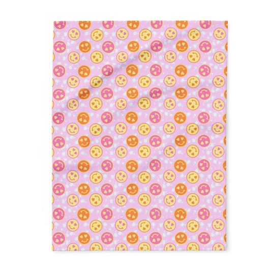 Smiley Faces Love Heart Eyes Pink Orange Yellow Printed Fleece Blanket Cozy Throw
