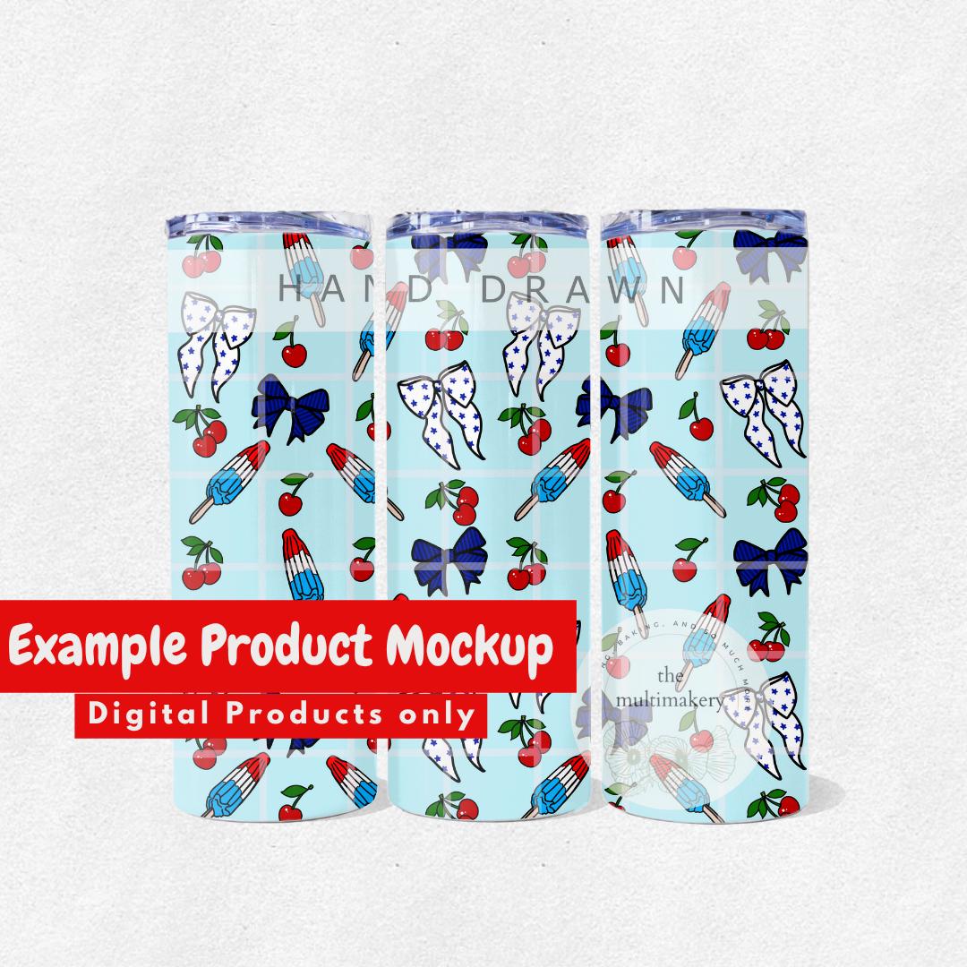 Popsicles Cherries and Bows Red White and Blue Summer Seamless Pattern Hand Drawn PNG Digital Paper Sublimation Fabric Surface Design