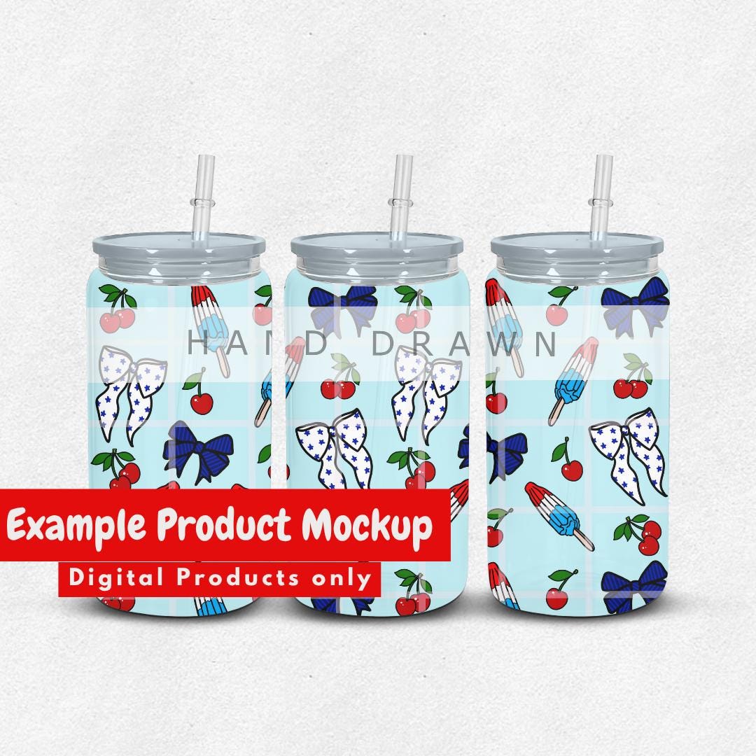 Popsicles Cherries and Bows Red White and Blue Summer Seamless Pattern Hand Drawn PNG Digital Paper Sublimation Fabric Surface Design