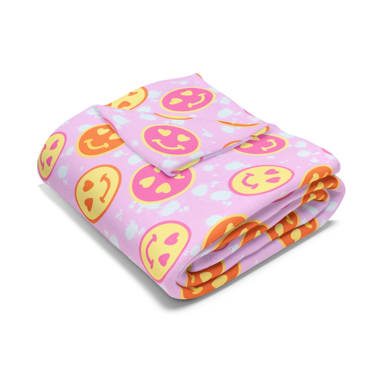 Smiley Faces Love Heart Eyes Pink Orange Yellow Printed Fleece Blanket Cozy Throw