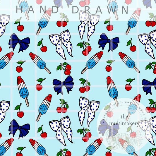 Popsicles Cherries and Bows Red White and Blue Summer Seamless Pattern Hand Drawn PNG Digital Paper Sublimation Fabric Surface Design