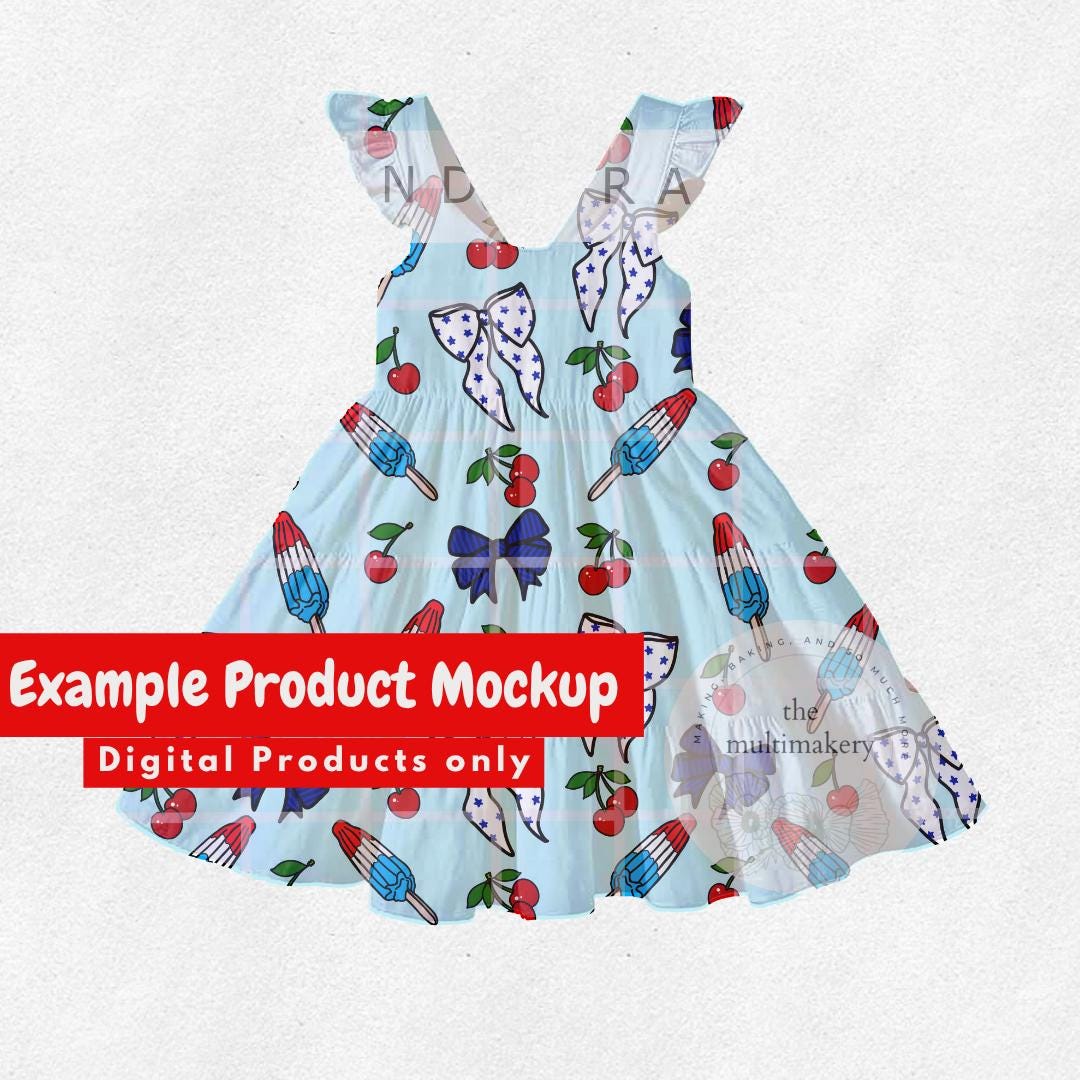 Popsicles Cherries and Bows Red White and Blue Summer Seamless Pattern Hand Drawn PNG Digital Paper Sublimation Fabric Surface Design