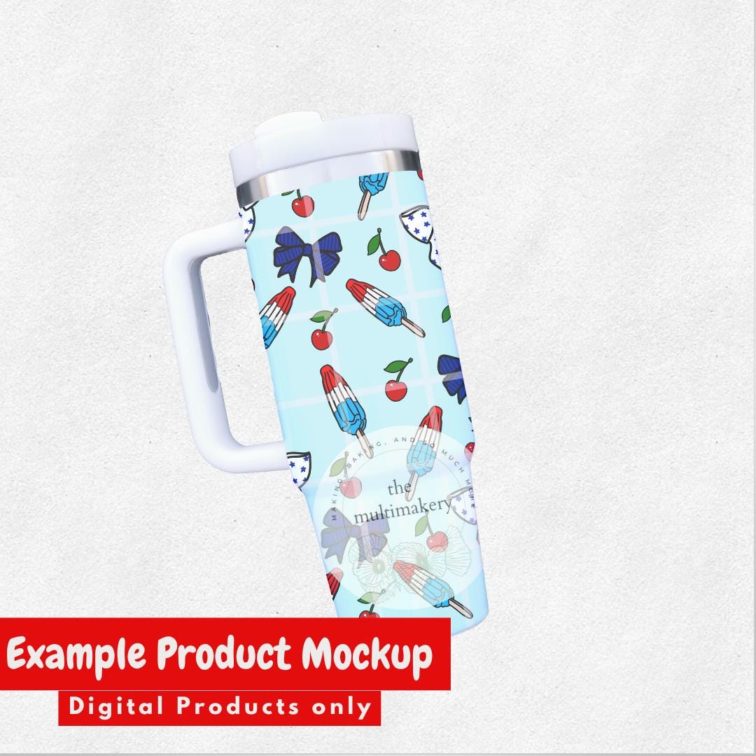 Popsicles Cherries and Bows Red White and Blue Summer Seamless Pattern Hand Drawn PNG Digital Paper Sublimation Fabric Surface Design